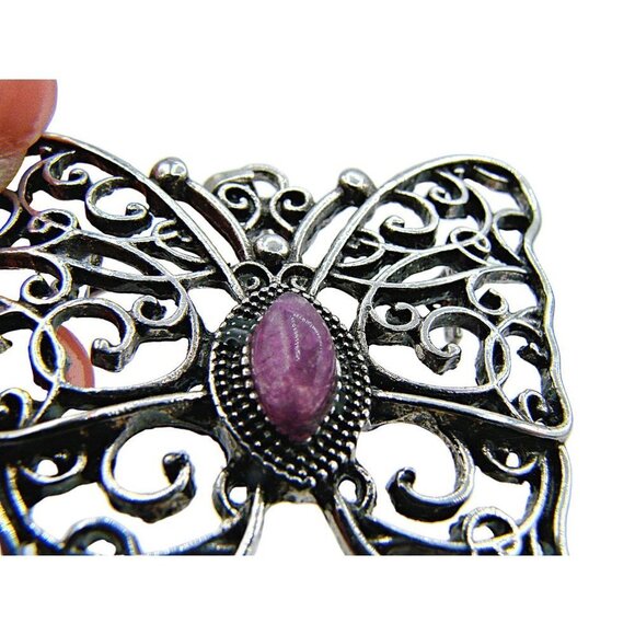 Butterfly Combination Pendant and Brooch Silver Filigree Purple Amethyst Stone - Picture 9 of 11